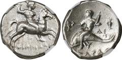 ITALY. Calabria. Tarentum. AR Didrachm (Nomos) (6.52 gms), ca. 272-240 B.C. NGC Ch VF, Strike: 4/5 Surface: 4/5. HGC-1, 894; HN Italy-1040. Reduced standard. Warrior, holding javelin, on horseback rig