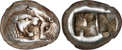 LYDIA. Kroisos, 561-546 B.C. AR Siglos (1/2 Stater) (5.29 gms), Sardes Mint, ca. 550-546 B.C. NGC VF, Strike: 4/5 Surface: 3/5. Marks, Countermark. Sunrise-11; Berk-23; SNG von Aulock-2877-9. Obverse: