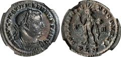 CONSTANTINE I, A.D. 307-337. BI Reduced Nummus, London Mint, ca. A.D. 315-316. NGC EF. RIC-121A. Obverse: Cuirassed and laureate bust right; Reverse: Sol standing left, radiate, nude but for chlamys d