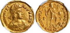 HONORIUS, A.D. 393-423. AV Solidus (4.36 gms), Ravenna Mint, ca. A.D. 402-406. NGC Ch VF, Strike: 5/5 Surface: 2/5. Edge Filing, Scratches, Graffito. RIC-1287. Obverse: Diademed, draped and cuirassed 