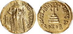 CONSTANS II, 641-668. AV Solidus, Constantinople Mint, 1st Officina, 651/2-654. NGC AU. Graffito. S-956. Obverse: Crowned and draped facing bust, holding globus cruciger; Reverse: Cross potent set upo
