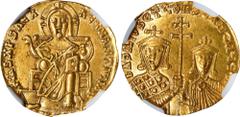 BASIL I with CONSTANTINE, 867-886. AV Solidus (4.45 gms), Constantinople Mint, 868-879. NGC Ch EF, Strike: 5/5 Surface: 3/5. S-1704. Obverse: Christ Pantokrator seated facing on throne; Reverse: Crown