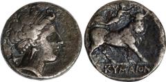 ITALY. Campania. Cumae. AR Nomos, ca. 320-300 B.C. ANACS VF-25. HGC-1, 432; HN Italy-536. Obverse: Diademed head of nymph right; uncertain symbol to left; Reverse: Man-headed bull standing right, head