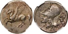 CORINTHIA. Corinth. AR Stater, ca. 4th Century B.C. NGC VF. HGC-4, 1848; Pegasi-420/1; BCD Corinth-111. Obverse: Pegasos flying left; Reverse: Helmeted head of Athena left; I to lower left; to right, 