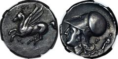 CORINTHIA. Corinth. AR Stater, ca. 345-307 B.C. NGC EF. HGC-4, 1848; Pegasi-459; BCD Corinth-Unlisted. Obverse: Pegasos flying left; Reverse: Helmeted head of Athena left; Δ to lower left, Y and statu