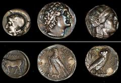 MIXED LOTS. Trio of Silver Denominations (3 Pieces), ca. 5th-2nd Centuries B.C. Average Grade: VERY FINE, Damaged. This lot includes a Campanian Didrachm, an Athenian Tetradrachm, and a Ptolemaic Tetr