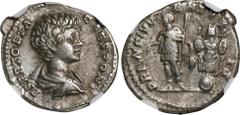 GETA AS CAESAR, A.D. 198-209. AR Denarius, Rome Mint, ca. A.D. 200-202. NGC EF. RIC-18; RSC-157B. Obverse: Bareheaded and draped bust of Geta right; Reverse: Geta standing left, holding branch and spe