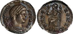 VALENS, A.D. 364-378. AR Siliqua, Trier Mint, ca. A.D. 364-378. NGC AU. Scratches. RIC-27B; RSC-109. Obverse: Diademed bust right; Reverse: Roma enthroned to left, holding Victory on globe and sceptre