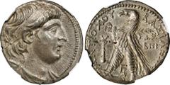 SYRIA. Seleukid Kingdom. Antiochos VII Sidetes, 138-129 B.C. AR Tetradrachm (14.14 gms), Tyre Mint, dated SE 182 (131/0 B.C.). NGC Ch AU, Strike: 4/5 Surface: 2/5. Bent. HGC-9, 1074; SC-2109.10C. Obve