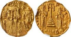 CONSTANS II with CONSTANTINE IV, HERACLIUS & TIBERIUS, 641-668. AV Solidus (4.47 gms), Constantinople Mint, 9th Officina, 662-667. NGC MS, Strike: 3/5 Surface: 4/5. Flan Flaw. S-970. Obverse: Crowned 