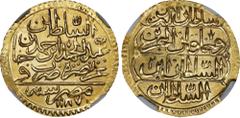 EGYPT. Ottoman Empire. Zeri Mahbub, AH 1187 Year 2 (ca. 1773-74). Cairo (Misr) Mint. Abdul Hamid I. NGC MS-64. KM-127. NGC census: 2, 1 finer. Emanating from a well produced and popular three-year-typ