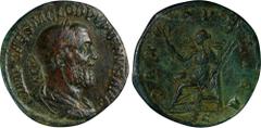 PUPIENUS, A.D. 238. AE Sestertius, Rome Mint. ANACS VF 35. Smoothed. RIC-22A. Obverse: Laureate, draped, and cuirassed bust right; Reverse: Pax seated left on throne, holding branch and scepter. A lov