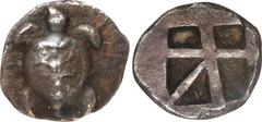 Ancient Coins AEGINA. AR Obol (0.99 gms), ca. 480-457 B.C. NGC Ch EF★, Strike: 5/5 Surface: 3/5. HGC-6, 450. Obverse: Sea turtle, head in profile, with trefoil collar and 'T-back' design on shell; Rev