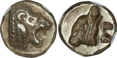 Ancient Coins LESBOS. Mytilene. EL Hekte (2.54 gms), ca. 521-478 B.C. NGC AU, Strike: 5/5 Surface: 5/5. HGC-6, 937; Bod-12. Obverse: Head of roaring lion right; Reverse: Incuse head of calf left; rect