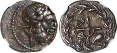 PELOPONNESUS. Achaean League. AR Hemidrachm or Triobol (2.31 gms), ca. 86 B.C. NGC Ch VF, Strike: 4/5 Surface: 3/5. BCD Peloponnesos-481. Obverse: Laureate head of Zeus right; Reverse: Monogram of the