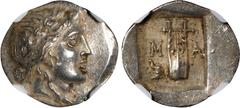 LYCIA. Lycian League. Masikytes. AR Hemidrachm, ca. 28-18 B.C. NGC AU. RPC-3310. Obverse: Laureate head of Apollo right; Reverse: Kithara; M-A across fields, tripod in lower right field; all within in