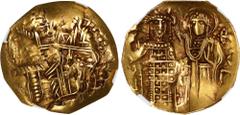 JOHN III (OF NICAEA), 1222-1254. AV Hyperpyron Nomisma, Magnesia Mint, ca. 1232-1254. NGC Ch F. Graffito, Clipped. S-2073. Obverse: Christ Pantokrator seated facing on throne; Reverse: John standing f
