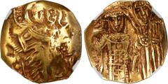 JOHN III (OF NICAEA), 1222-1254. AV Hyperpyron Nomisma, Magnesia Mint, ca. 1232-1254. NGC Ch F. Die Shift, Clipped. S-2073. Obverse: Christ Pantokrator seated facing on throne; Reverse: John standing 