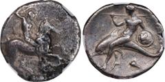 ITALY. Calabria. Tarentum. AR Didrachm (Nomos), ca. 332-302 B.C. NGC Ch F. HGC-1, 801; Vlasto-596; HN Italy-935. Obverse: Warrior, holding two spears and shield, and preparing to hurl third spear, on 