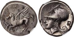 CORINTHIA. Corinth. AR Stater (8.56 gms), ca. 345-307 B.C. NGC Ch VF, Strike: 4/5 Surface: 2/5. Scratches. HGC-4, 1848; Pegasi-400; BCD Corinth-Unlisted. Obverse: Pegasos flying left; Reverse: Helmete