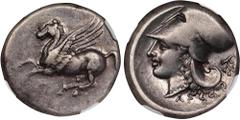 CORINTHIA. Corinth. AR Stater, ca. 345-307 B.C. NGC Ch VF. HGC-4, 1848; Pegasi-403; BCD Corinth-116. Obverse: Pegasos flying left; Reverse: Helmeted head of Athena left; wreath to right.