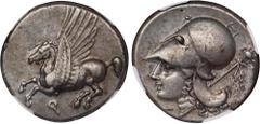 CORINTHIA. Corinth. AR Stater (8.53 gms), ca. 345-307 B.C. NGC Ch VF, Strike: 5/5 Surface: 4/5. HGC-4, 1848; Pegasi-416; BCD Corinth-109. Obverse: Pegasos flying left; Reverse: Helmeted head of Athena