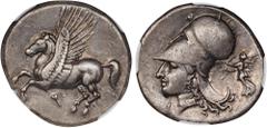 CORINTHIA. Corinth. AR Stater (8.54 gms), ca. 345-307 B.C. NGC Ch VF, Strike: 5/5 Surface: 4/5. HGC-4, 1848; Pegasi-420; BCD Corinth-111. Obverse: Pegasos flying left; Reverse: Helmeted head of Athena