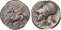 CORINTHIA. Corinth. AR Stater (8.50 gms), ca. 345-307 B.C. NGC Ch VF, Strike: 5/5 Surface: 3/5. HGC-4, 1848; Pegasi-426; BCD Corinth-101. Obverse: Pegasos flying left; Reverse: Helmeted head of Athena