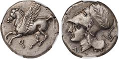 CORINTHIA. Corinth. AR Stater (8.56 gms), ca. 345-307 B.C. NGC Ch VF, Strike: 5/5 Surface: 3/5. HGC-4, 1848; Pegasi-441; BCD Corinth-107. Obverse: Pegasos flying left; Reverse: Helmeted head of Athena