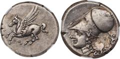 CORINTHIA. Corinth. AR Stater (8.58 gms), ca. 345-307 B.C. NGC Ch EF, Strike: 5/5 Surface: 3/5. HGC-4, 1848; Pegasi-450; BCD Corinth-131. Obverse: Pegasos flying left; Reverse: Helmeted head of Athena