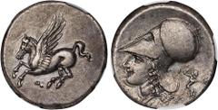 CORINTHIA. Corinth. AR Stater (8.54 gms), ca. 345-307 B.C. NGC Ch EF, Strike: 4/5 Surface: 3/5. Die Shift. HGC-4, 1848; Pegasi-450; BCD Corinth-131. Obverse: Pegasos flying left; Reverse: Helmeted hea