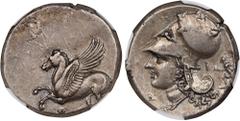 CORINTHIA. Corinth. AR Stater (8.50 gms), ca. 345-307 B.C. NGC AU, Strike: 4/5 Surface: 4/5. HGC-4, 1848; Pegasi-453; BCD Corinth-Unlisted. Obverse: Pegasos flying left; Reverse: Helmeted head of Athe