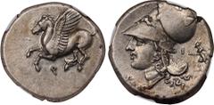 CORINTHIA. Corinth. AR Stater (8.56 gms), ca. 345-307 B.C. NGC Ch EF, Strike: 4/5 Surface: 4/5. HGC-4, 1848; Pegasi-453; BCD Corinth-Unlisted. Obverse: Pegasos flying left; Reverse: Helmeted head of A