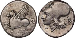 CORINTHIA. Corinth. AR Stater (8.52 gms), ca. 345-307 B.C. NGC VF, Strike: 3/5 Surface: 4/5. HGC-4, 1848; Pegasi-453; BCD Corinth-Unlisted. Obverse: Pegasos flying left; Reverse: Helmeted head of Athe