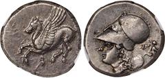 CORINTHIA. Corinth. AR Stater (8.55 gms), ca. 345-307 B.C. NGC Ch EF, Strike: 4/5 Surface: 4/5. HGC-4, 1848; Pegasi-457; BCD Corinth-133. Obverse: Pegasos flying left; Reverse: Helmeted head of Athena