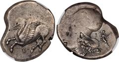 CORINTHIA. Corinth. AR Stater, ca. 345-307 B.C. NGC F. HGC-4, 1848; Pegasi-457; BCD Corinth-133. Obverse: Pegasos flying left; Reverse: Helmeted head of Athena left; to right, Artemis running right, h