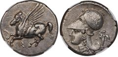 CORINTHIA. Corinth. AR Stater (8.63 gms), ca. 345-307 B.C. NGC Ch EF, Strike: 5/5 Surface: 3/5. HGC-4, 1848; Pegasi-459; BCD Corinth-Unlisted. Obverse: Pegasos flying left; Reverse: Helmeted head of A