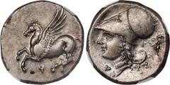 CORINTHIA. Corinth. AR Stater (8.57 gms), ca. 345-307 B.C. NGC Ch EF, Strike: 4/5 Surface: 3/5. HGC-4, 1848; Pegasi-459; BCD Corinth-Unlisted. Obverse: Pegasos flying left; Reverse: Helmeted head of A