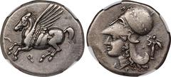 CORINTHIA. Corinth. AR Stater (8.58 gms), ca. 345-307 B.C. NGC Ch VF, Strike: 5/5 Surface: 3/5. HGC-4, 1848; Pegasi-459; BCD Corinth-Unlisted. Obverse: Pegasos flying left; Reverse: Helmeted head of A