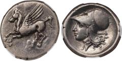 CORINTHIA. Corinth (or Uncertain Colony). AR Stater, ca. 345-307 B.C. NGC Ch VF. HGC-4, Unlisted; Pegasi-494; BCD Corinth-140. Obverse: Pegasos flying left; Reverse: Helmeted head of Athena left; to r