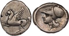 CORINTHIA. Corinth (or Uncertain Colony). AR Stater, ca. 345-307 B.C. NGC VF. HGC-4, Unlisted; Pegasi-494; BCD Corinth-140. Obverse: Pegasos flying left; Reverse: Helmeted head of Athena left; to righ