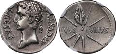 AUGUSTUS, 27 B.C.- A.D. 14. AR Denarius (3.79 gms), Uncertain Mint in Spain, Possibly Colonia Patricia, ca. 19-18 B.C. NGC Ch VF, Strike: 4/5 Surface: 3/5. Punch Marks. RIC-37B; RSC-97. Obverse: Head 