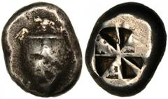 GREEK Unspecified AEGINA. AR Stater (12.27 gms), 550-530 B.C. cf.SNG-Stockholm 1555. Sea turtle; Reverse: Incuse square with "skew" pattern. Banker's marks on turtle.VERY FINE. Estimated value: 350 US