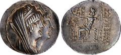 Ancient Coins SYRIA. Seleukid Kingdom. Cleopatra Thea & Antiochos VIII Grypos, 125-96 B.C. AR Tetradrachm (16.67 gms), Ake-Ptolemais Mint, ca. 124 B.C. NGC Ch VF, Strike: 5/5 Surface: 2/5. Scuff. HGC-