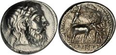GREEK Seleukid Kingdom Seleukid Kingdom. Seleukos I, 312-280 B.C. AR Tetradrachm (17.19 gms). Houghton Lober-130.13. Laureate head of Zeus right; Reverse: Athena brandishing spear and shield driving q
