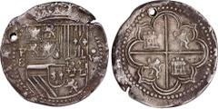 BOLIVIA. Cob 8 Reales, ND (1578-95)-P B. Potosi Mint. Philip II. PCGS Genuine--Holed, EF Details. KM-5.6; Cal-672; Paoletti-69. Weight: 27.93 gms. A highly alluring example due to its bold central det