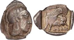 LYCIA. Dynasts of Lycia. Kherei, ca. 430-410 B.C. AR Hemidrachm (2.01 gms), Xanthos (?) Mint. NGC Ch VF, Strike: 4/5 Surface: 4/5. Museler-VI, 24 (This coin). Obverse: Helmeted head of Athena right; R