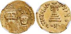 CONSTANS II, 641-668. AV Solidus (4.50 gms), Constantinople Mint, 9th Officina, 641-668. NGC Ch EF, Strike: 4/5 Surface: 3/5. S-959. Obverse: Crowned and draped facing busts of Constans and Constantin