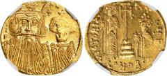 CONSTANS II with CONSTANTINE IV, HERACLIUS & TIBERIUS, 641-668. AV Solidus (4.44 gms), Constantinople Mint, 662-667. NGC MS, Strike: 3/5 Surface: 4/5. Clipped. S-964. Obverse: Crowned and draped busts