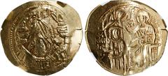 MICHAEL VIII, 1261-1282 (EMPEROR OF NICAEA 1258-61). AV/EL Hyperpyron (4.12 gms), Constantinople Mint. NGC AU, Strike: 4/5 Surface: 5/5. S-2242. Obverse: Bust of Virgin Mary, orans, within city walls 